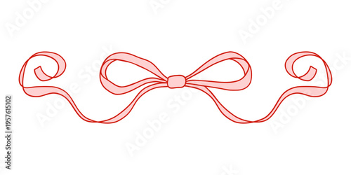 Whimsical coquette pink bow ribbon with red outline. Cute and elegant design element for Valentines Day, packaging, greeting cards, scrapbooking, feminine branding, and decorations