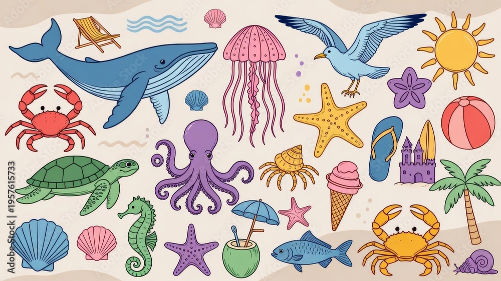 Obraz premium Ocean life and beach vacation items collection on sand, featuring marine animals and summer objects
