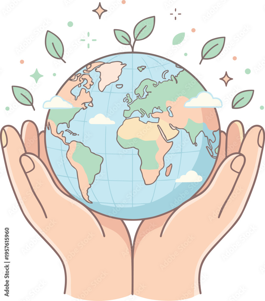 Fototapeta premium Hands holding a globe with leaves and clouds around it