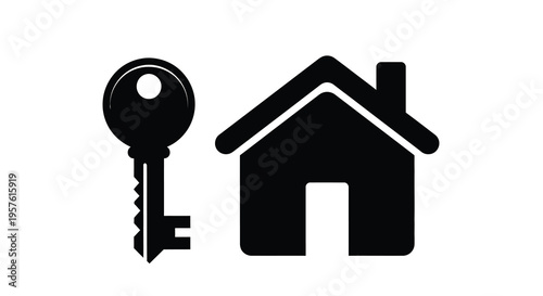 A key and a house represented as a striking black silhouette