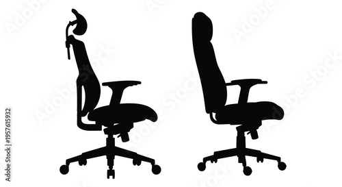 Two modern office chairs depicted in a stark black silhouette