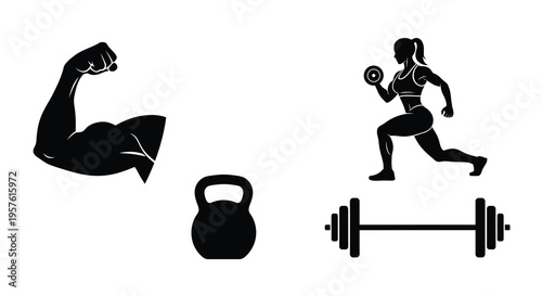 Fitness icons depicting strength running and weights in silhouette