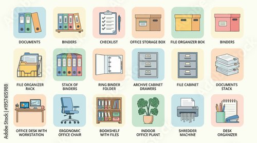 Office supplies and furniture icons in flat design style