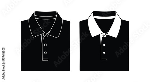 Two polo shirts displayed one with a white collar a striking silhouette