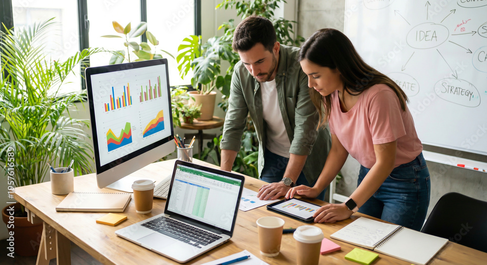 Fototapeta premium Startup Founders Analyzing Financial Data and Charts