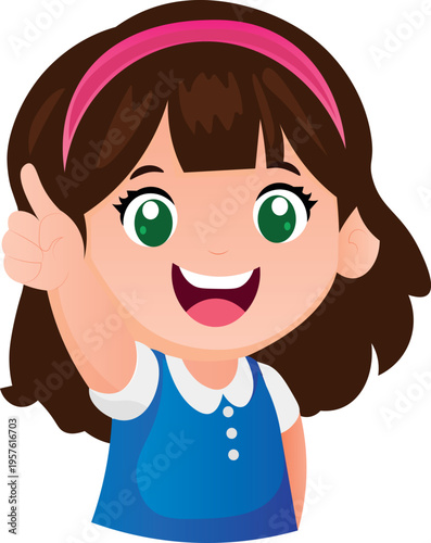 A little girl points with her index finger at something important and smiles