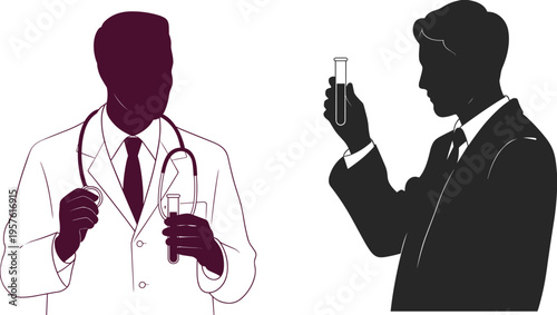 Doctor with stethoscope and scientist holding test tube silhouette, medical research, healthcare professional, laboratory analysis, clinical medicine, biotech science vector.