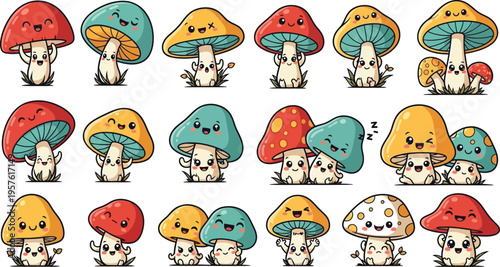 Adorable colorful mushroom characters with funny faces