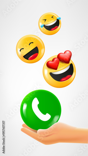 Hand holding telephone app icon and emojis falling down. 3d vector illustration