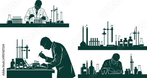 Laboratory scientists silhouettes conducting experiments, research teamwork with test tubes, pipettes, flasks, beakers, recording scientific data and laboratory analysi