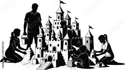 Family teamwork building sandcastle on beach, children and adults collaboration, creative play, summer vacation activity, seaside fun construction scene