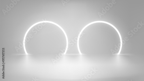 Two circle arcs in bright interior. 3d vector showcase with copy space