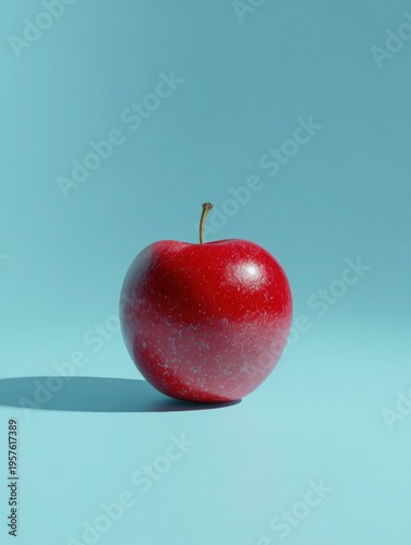 3d rendering of a red apple on a light blue background. the apple is in the center of the image and is the only object in the frame. it has a round shape with a small stem on top and a shiny surface.