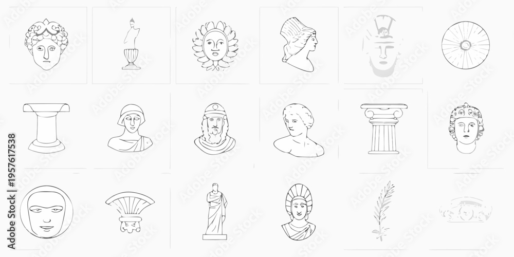 Naklejka premium Collection of ancient greek and roman art illustrations in line drawing style