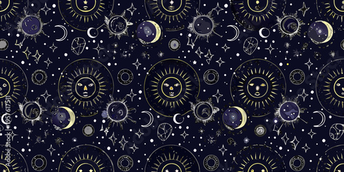 Celestial pattern with suns moons and stars on a dark background
