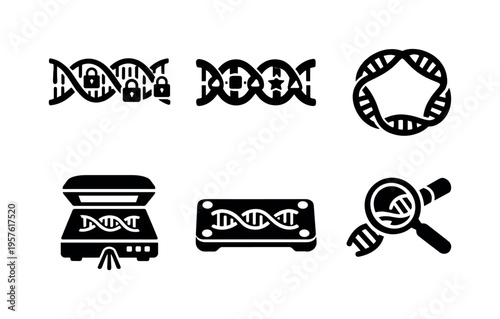 Solid vector icons of DNA-based cipher carriers: encrypted strand architecture, symbolic base motif, data-storage loop; scanner