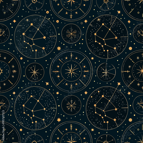 Tableau sur toile Seamless pattern featuring golden constellations and celestial elements on dark