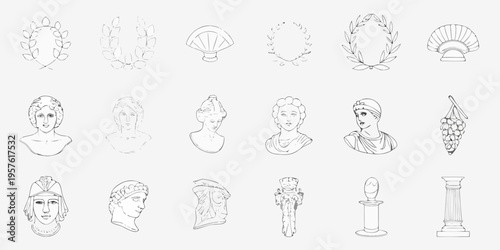 Collection of ancient greek and roman style line art illustrations