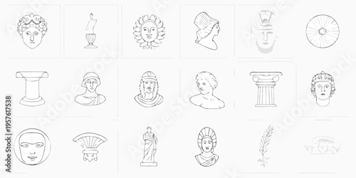 Collection of ancient greek and roman art illustrations in line drawing style