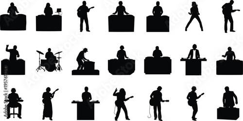 Musician silhouettes performing live music, guitar, drums, keyboard players, concert stage energy, band performance, entertainment illustration, dynamic artistic scene