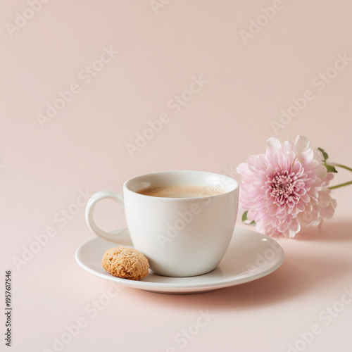 Coffee cup with biscuit and pink flower on pastel background, minimal Mother’s Day morning concept