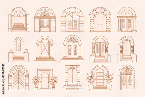 Collection of elegant arched doorways and entrances line art style