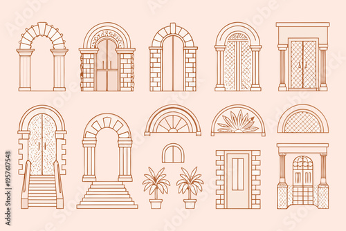 Collection of architectural arches and doorways in a linear style