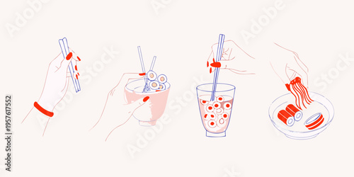 Stylized illustration of hands holding various food and drink items