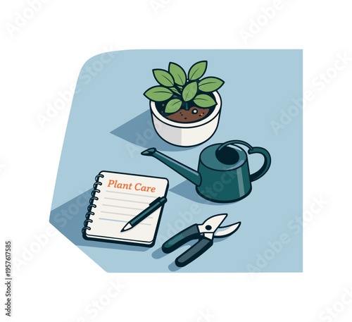 Refined contemporary plant care weekly routine concept with essential potted plant watering can notebook and pruning shears
