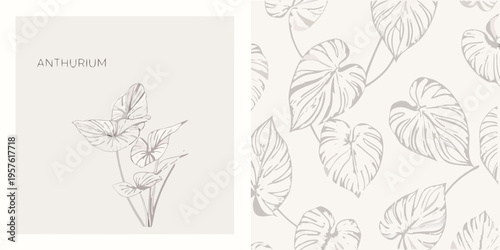 Anthurium floral illustration with a repeating botanical pattern background