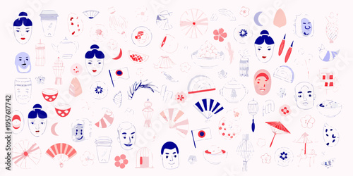 A colorful pattern of japanese themed illustrations and facial depictions