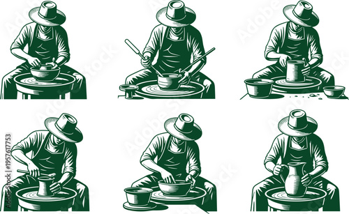 Pottery making silhouettes with craftsman shaping clay, traditional ceramic art process, potter’s wheel, handmade vessel creation, artisan craftsmanship scene