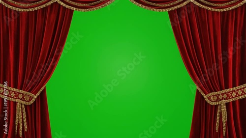 Red velvet curtains opening on green screen background for theater performance or presentation
