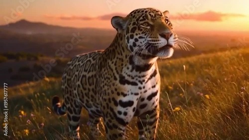 A large jaguar roars in a grassy savannah field with mountains and a sunset in the background, possibly used for wildlife or nature documentaries