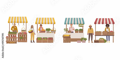 A bustling farmers market with diverse vendors and fresh produce displays