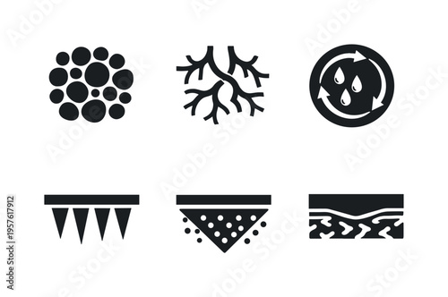 Solid style icons of substrate–foundation interaction: soil matrix icon, micro-channel pathways, moisture-flow ring,