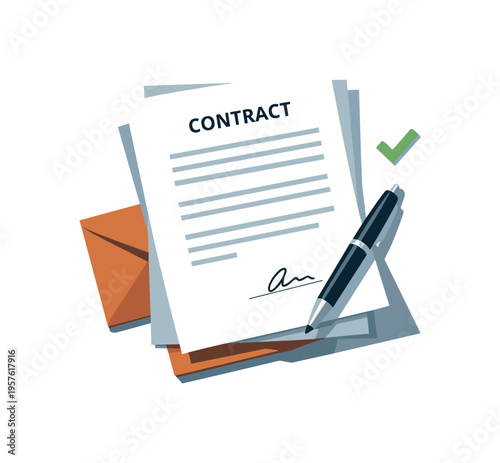 Signing a contract with a pen and a checkmark, business agreement concept