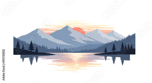 Serene mountain landscape with lake and trees at sunset