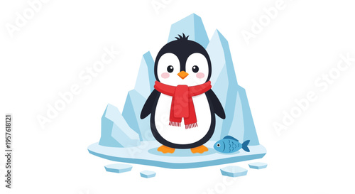 A cartoon penguin wearing a red scarf stands on a melting iceberg with fish.