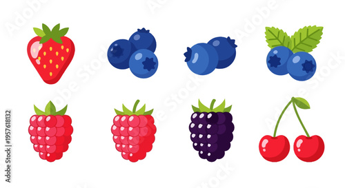 Colorful illustrations of various berries and cherries on white background