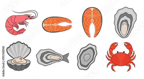 Fresh seafood assortment with shrimp, salmon fillets, and oysters on a plate