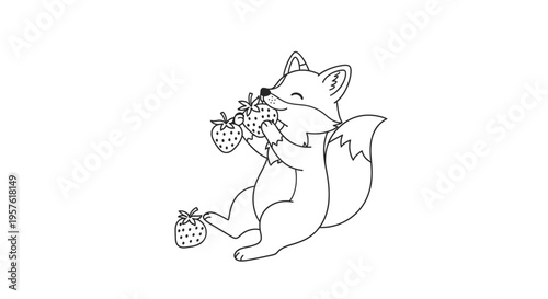 A cute cartoon fox eating strawberries in a field.