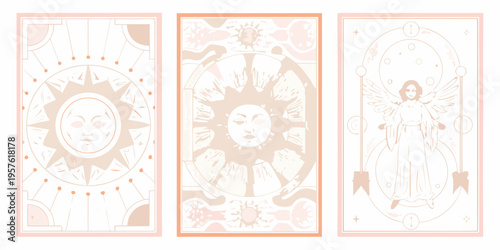 Three ornate cards featuring celestial imagery suns and a winged figure