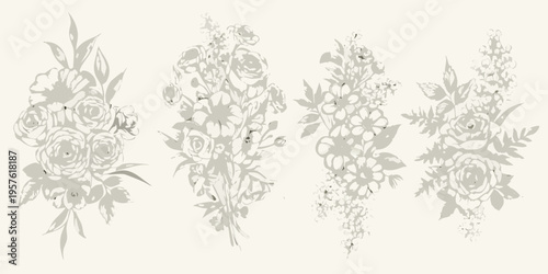 Floral arrangements depicted as delicate shadow silhouettes on a neutral background