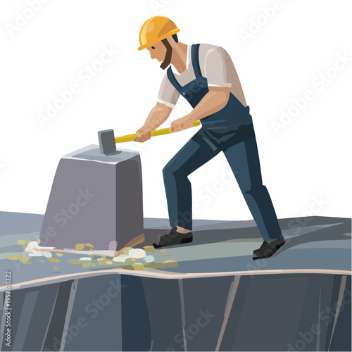 Ouvrier tailleur de pierre travaillant un bloc de roche avec marteau en extérieur