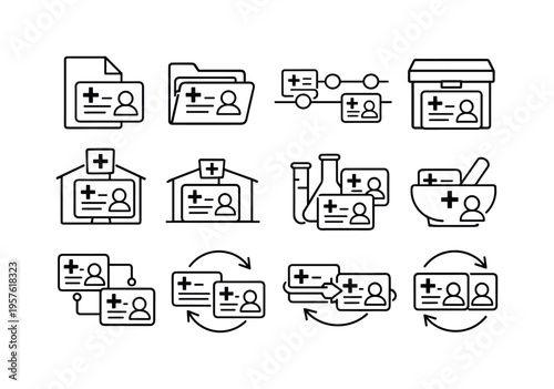 Unified Medical Icons. Line style vector icons of unified medical record card: document, folder, timeline, archive; hospital,