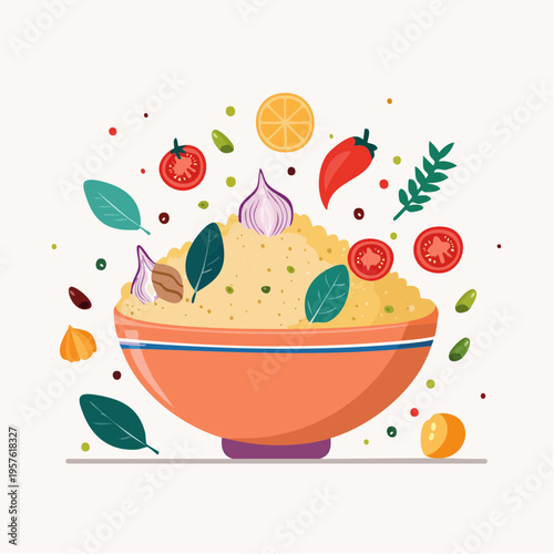 Bol de couscous avec ingrédients colorés en illustration