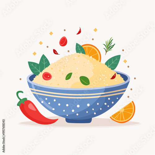 Bol de couscous avec ingrédients colorés en illustration