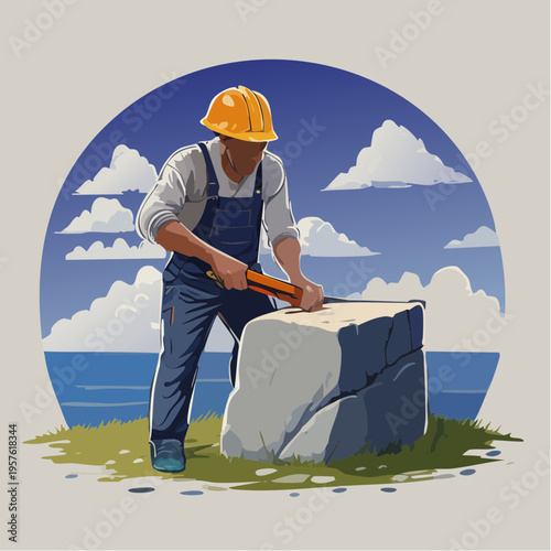 Ouvrier tailleur de pierre travaillant un bloc de roche avec marteau en extérieur