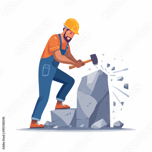 Ouvrier tailleur de pierre travaillant un bloc de roche avec marteau en extérieur